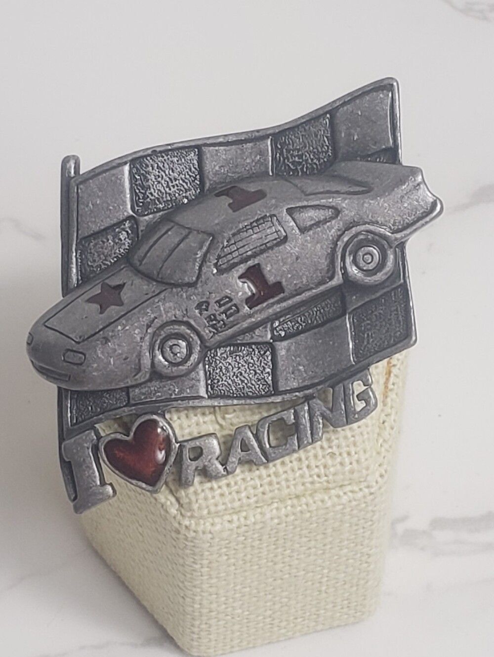 Vintage 80s DANECRAFT RACE CAR RACING Pewter Brooch Pin